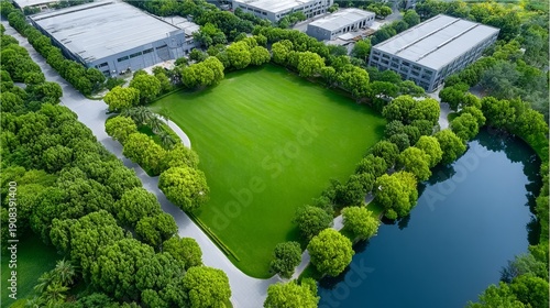 Aerial view of urban park featuring expansive green lawn surrounded by trees and water, developed on former industrial site with modern buildings in the background, ample copy space available