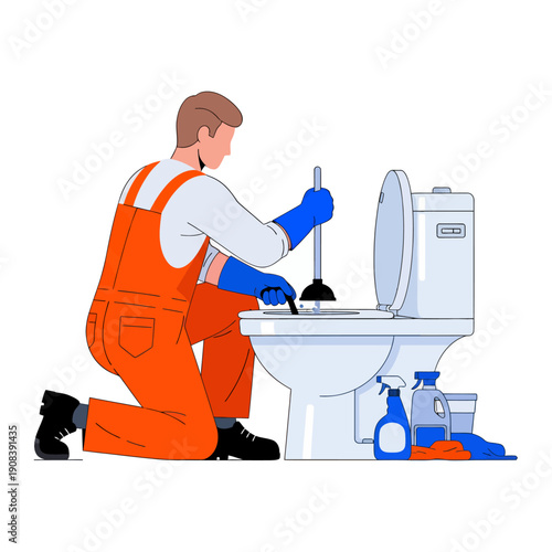 A male plumber fix the toilet, vector illustration design