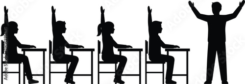 Students raising hands in classroom silhouettes collection, school lesson participation scene set, education concept, black vector isolated background