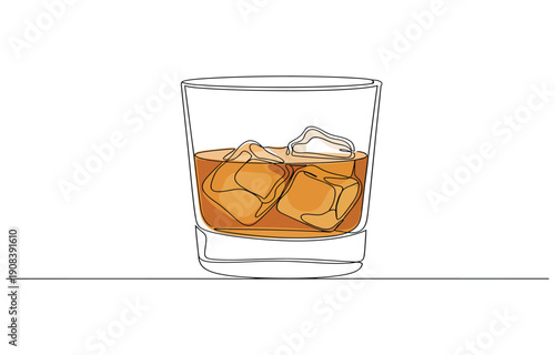 Whiskies and ice, Scotch on the rocks in glasses. Hand drawn linear vector illustration. Print, banner, card, poster, sign. Bar, pub, shop