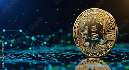 A golden physical Bitcoin coin stands upright against a dark blue digital network background representing cryptocurrency investment.