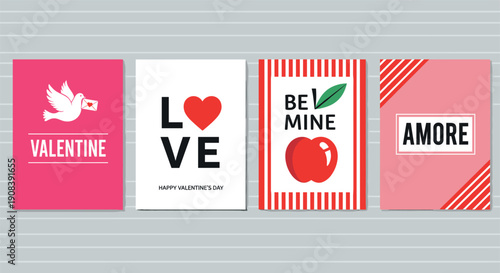 Valentine’s Day greeting card set with love typography, romantic icons, modern design, and colorful flat vector illustrations