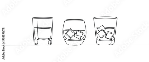 Whiskies and ice, Scotch on the rocks in glasses. Hand drawn linear vector illustration. Print, banner, card, poster, sign. Bar, pub, shop