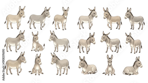 A charming watercolor collection of rustic farm donkeys, including standing, walking, sitting, and lying-down poses