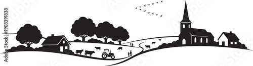 Rural Countryside Landscape Silhouette Illustration With Village Church Farm Tractor Trees Animals And Rolling Hills Black Vector Design