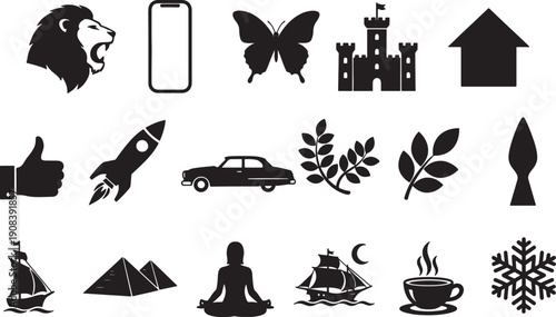 black silhouettes of various objects and animals on white background