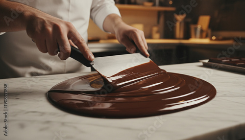 Professional chocolatier tempering glossy dark chocolate on marble slab