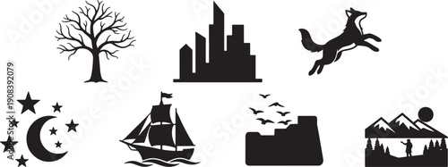 black silhouettes of various objects and animals