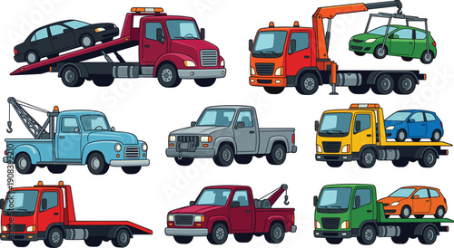 Tow truck and car carrier vector illustration set, flatbed recovery vehicles, roadside assistance transport collection