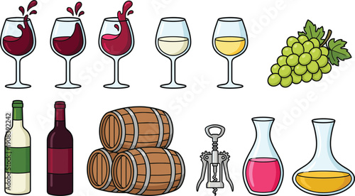 Wine production and tasting vector illustration set, red white wine glasses, bottles barrels grapes collection
