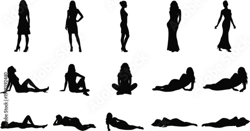 Women silhouette collection set, female poses standing sitting lying, black vector illustration isolated on white background