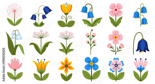 Collection of colorful stylized floral illustrations arranged in a grid pattern