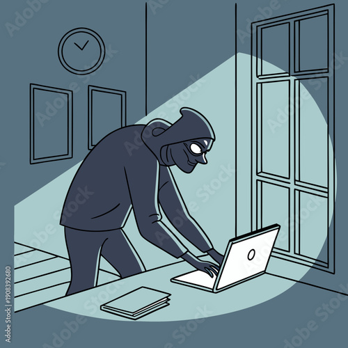 Un voleur de données vole des informations sur un ordinateur portable la nuit