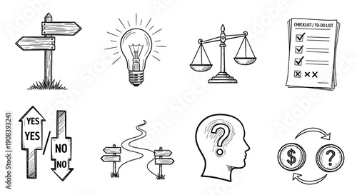 Hand drawn sketches depicting law ideas decision making and financial concepts