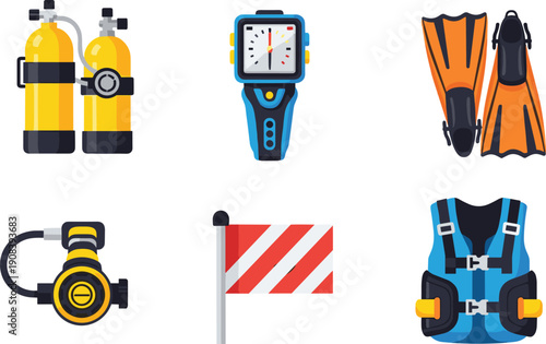 Professional Scuba Diving Equipment Vector Illustration Set Featuring Oxygen Tanks Dive Computer Fins Regulator Signal Flag and BCD Vest for Underwater Exploration and Sports