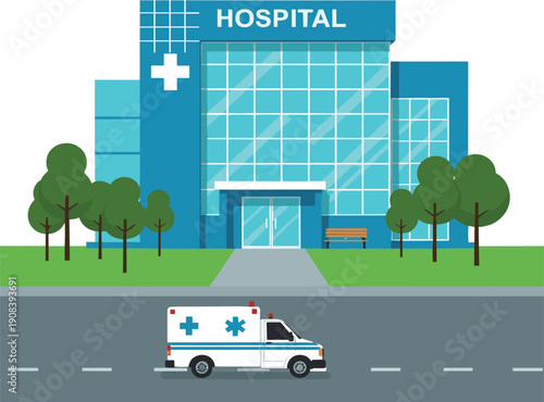 Modern hospital building exterior with ambulance, medical emergency service, healthcare infrastructure, city road, and green trees illustration