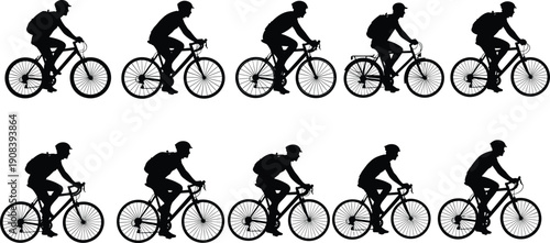 Bicycle rider silhouette set featuring cyclists with backpacks on road bikes, urban commuting and healthy outdoor sport lifestyle, vector illustration.