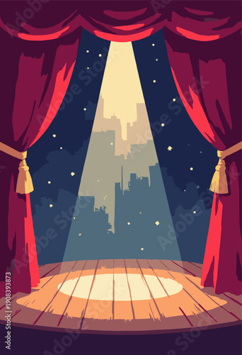 Theater Stage Red curtains pulled back, wooden floorboards, spotlight shining center