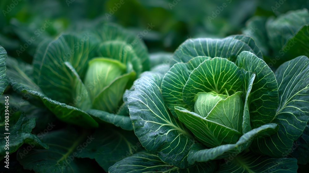 Obraz premium Close-up of fresh green cabbage heads growing in a field.
