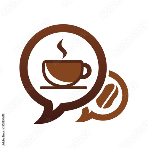Brown coffee cup with steam in a speech bubble and coffee bean