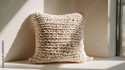 Cozy knitted cushion on sunny window sill for home decor inspiration,national crochet month