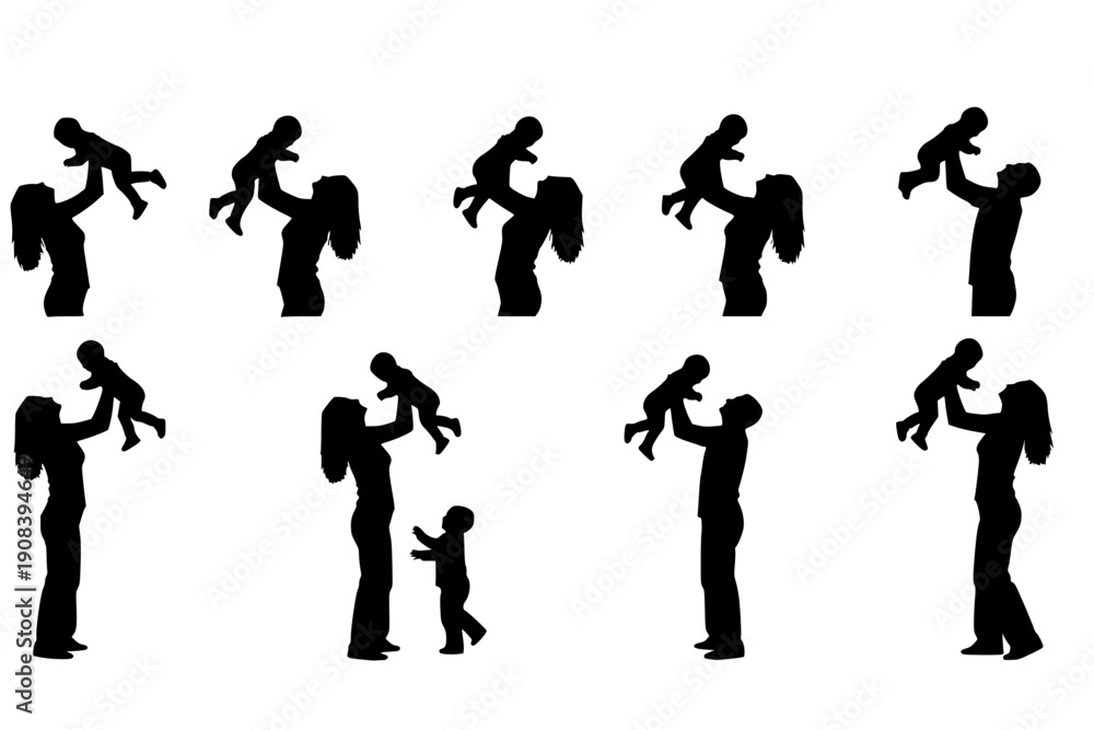 Obraz premium Family playing together with children. Mom and dad lifting baby kids up vector illustration silhouette set collection.