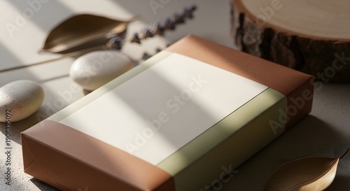 Wrapped organic soap bar mockup with blank label and natural decorative elements close up