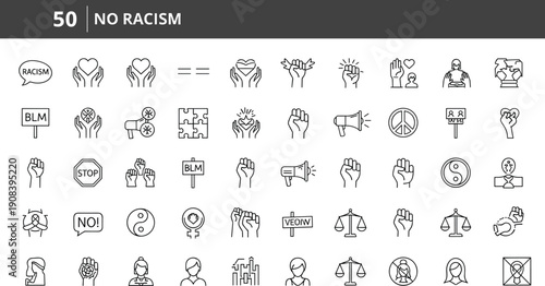 No racism icon set with equality justice peace and human rights symbols editable outline vector illustration for social awareness campaigns