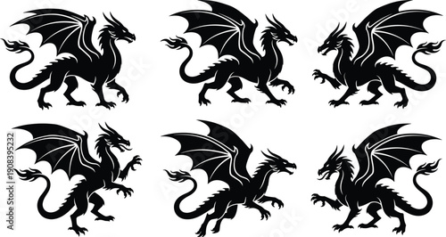 Fantasy dragon silhouette set featuring flying and roaring winged creatures in dynamic poses isolated on white background vector illustration