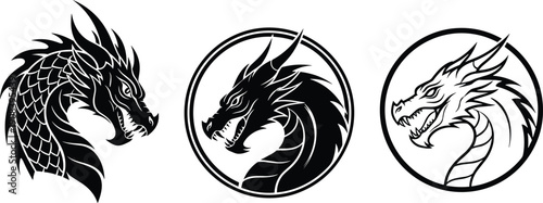 Powerful Dragon Head Vector Illustration Set Featuring Fierce Mythical Creatures and Legendary Serpent Monsters in Black Silhouette for Fantasy Mascot Logos and Tribal Tattoo Designs