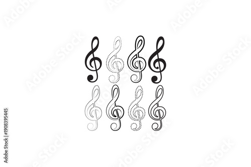 Treble clef set vector silhouettes black color dot and line art design image.