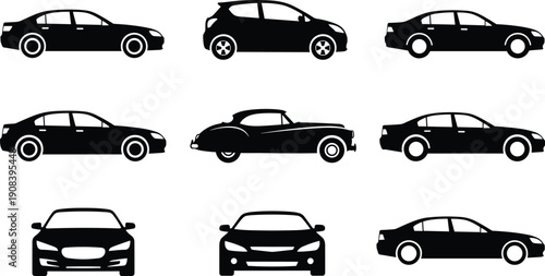 Black Car Silhouettes Set, Collection of Vector Sedan, Hatchback, Vintage Classic, and Modern Front View Vehicle Icons for Transportation Graphic Design
