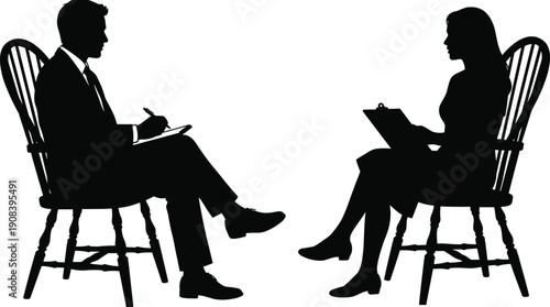 Business interview and therapy counseling silhouette illustration showing professional consultation conversation between two people seated face to face isolated on white