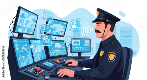 Professional security guard with a mustache monitoring multiple high-tech surveillance screens in a modern urban control center.