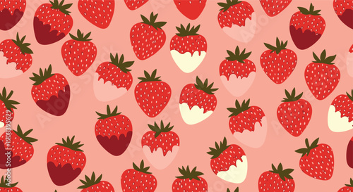 Delicious seamless pattern of red strawberries dipped in dark, milk, and white chocolate on a soft pink background for textile design.