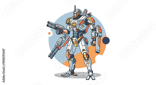 Powerful futuristic combat robot equipped with multiple heavy guns standing ready for battle in front of a blue and orange circle.