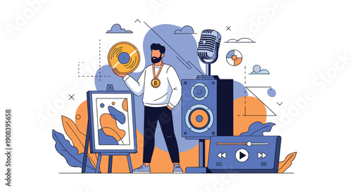 Talented creative professional man surrounded by elements of art, music, painting, and digital media production in a studio.