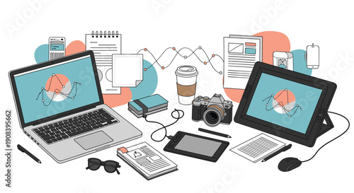 Modern creative workspace with a laptop, graphics tablet, digital camera, sketches, and various design tools on a white background.
