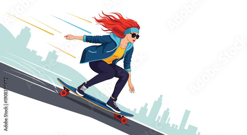 Cool young woman with red hair and sunglasses riding a longboard downhill with a blurred city skyline in the distance.