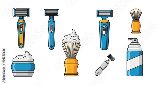 Collection of male grooming essentials including various razors, shaving brushes, shaving cream, and foam on a white background.