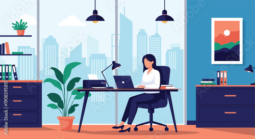 Professional businesswoman works on her laptop in a modern high-rise office with a large window overlooking a city skyline.