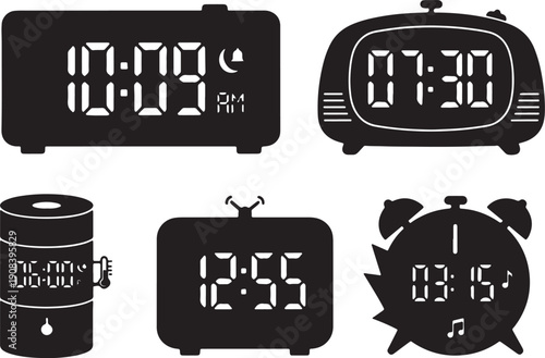 Digital alarm clocks with different designs and times displayed