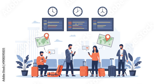 Group of diverse travelers wait in a modern airport terminal while checking flight information boards and using mobile phones.