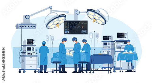 Professional medical team performs a surgical procedure in a high-tech hospital operating room with advanced monitoring equipment.