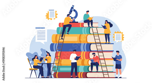 Miniature students study on a massive stack of colorful books with a microscope on top, representing the pursuit of knowledge.