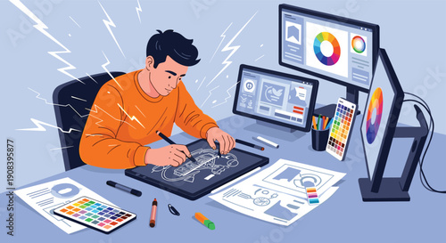 Creative graphic designer works intensely at a desk with multiple monitors, tablets, and color swatches in a modern studio.