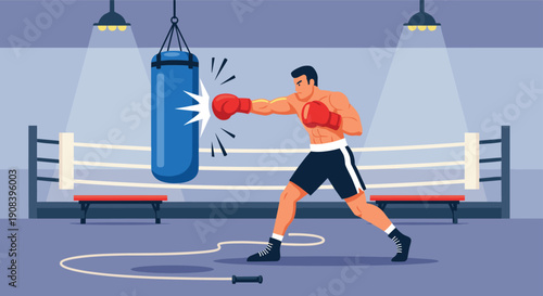 Athletic male boxer trains in a ring by throwing a powerful punch at a blue heavy bag under bright lights in a sports gym.