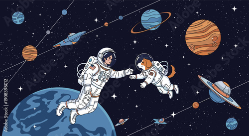 Astronaut and golden retriever dog float together through space, surrounded by planets, stars, and spaceships in this whimsical scene.