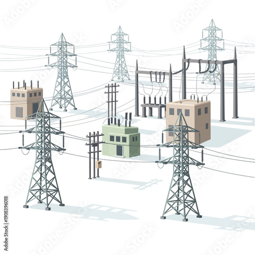 Electric substation with transmission towers and equipment.