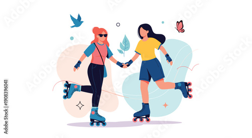 Two young women hold hands while rollerblading in a park, showcasing an active outdoor lifestyle and friendship in a vibrant illustration.